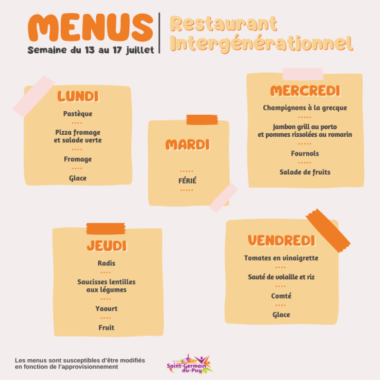 menus scolaires semaine du 13 au juillet