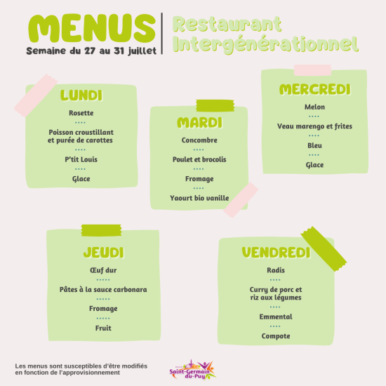 menus scolaires semaine du 27 au juillet
