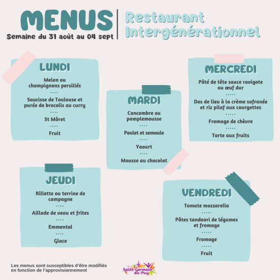 menus scolaires semaine du 31 aout au sept